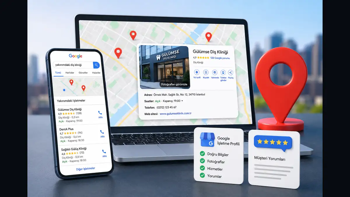 Yerel SEO hizmeti Google Haritalar ve bölgesel görünürlük görseli